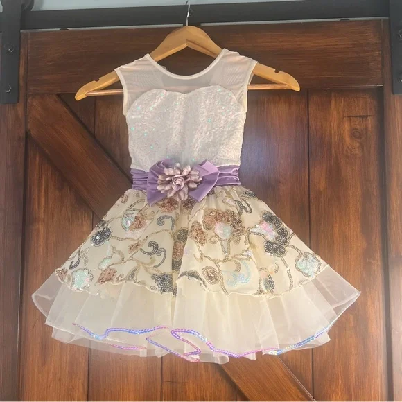 Weissman Dance Tutu Costume Girls SC Cream‎ and Purple Floral Dress Leotard