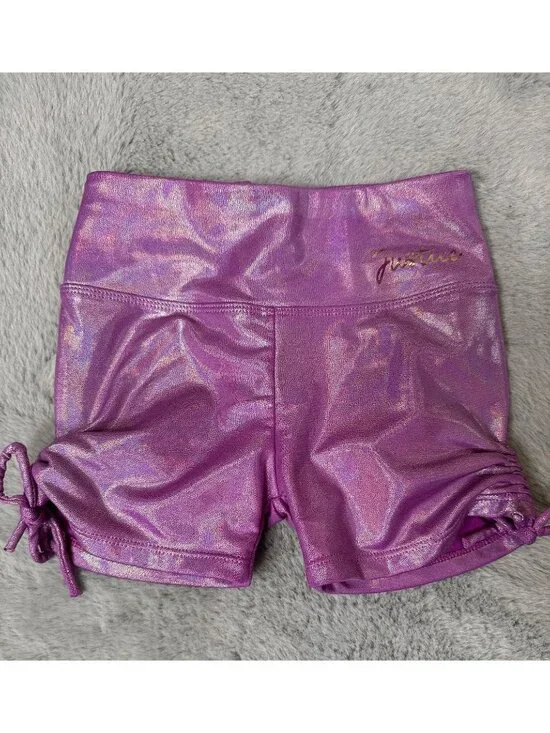 Justice Girls Small Pink Side Tie Compression Foil Gymnastics Dance Cheer Shorts
