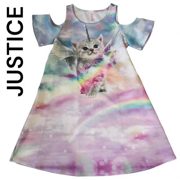New without tags Justice Unicorn Kitty Cold shoulders dress (pink, purple, blue)