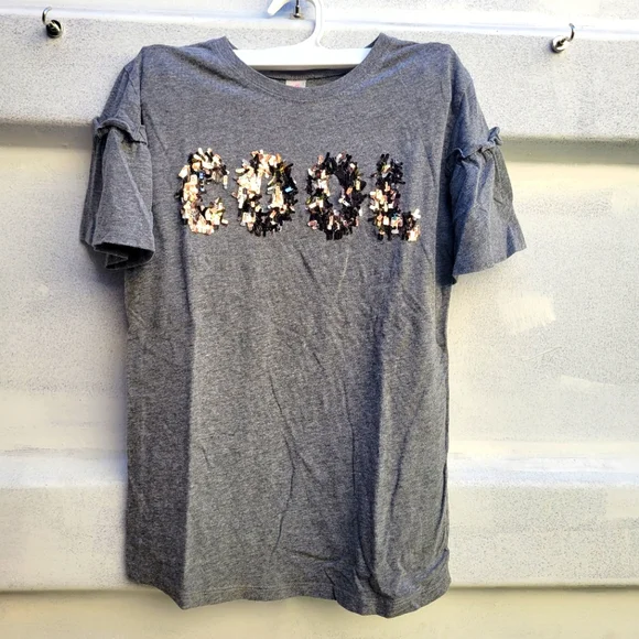Justice oblong rectangle sequin wording top shirt with short bell ruffled sleeve