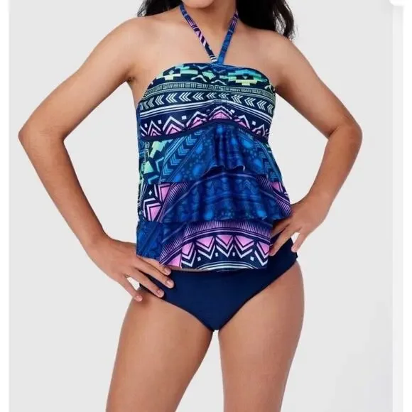 JUSTICE Size 7/8 Girls SWIMSUIT Tankini Ruffle Halter Swim Suit Cupcake Blue Q24