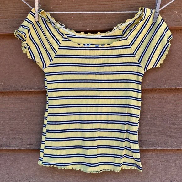 Justice Girls Yellow & Navy Striped Ribbed Top Lettuce Trim Short Sleeve Size 12
