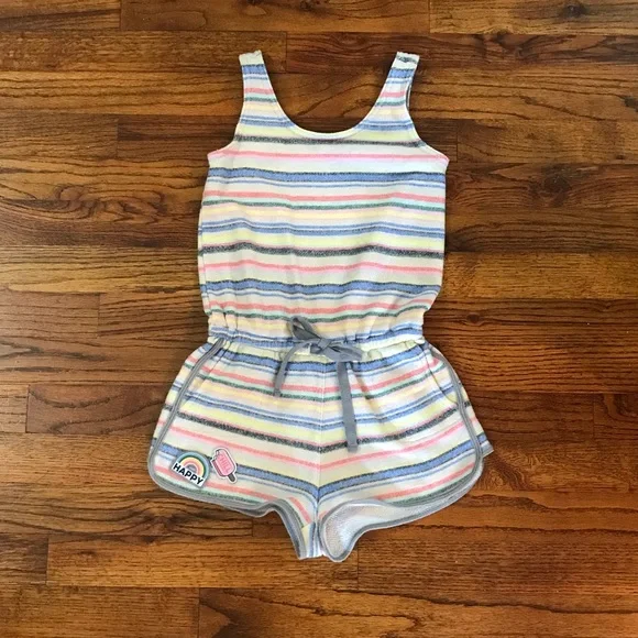 Justice 1 Pc Multicolor Stripe Shorts Romper Happy Rainbow Chill Ice Cream Pocke