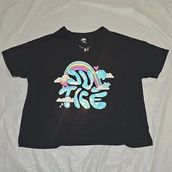 Justice Girls XL Plus 16P/18P Blk Cropped Graphic Tee w/Sequins, Charms, Glitter