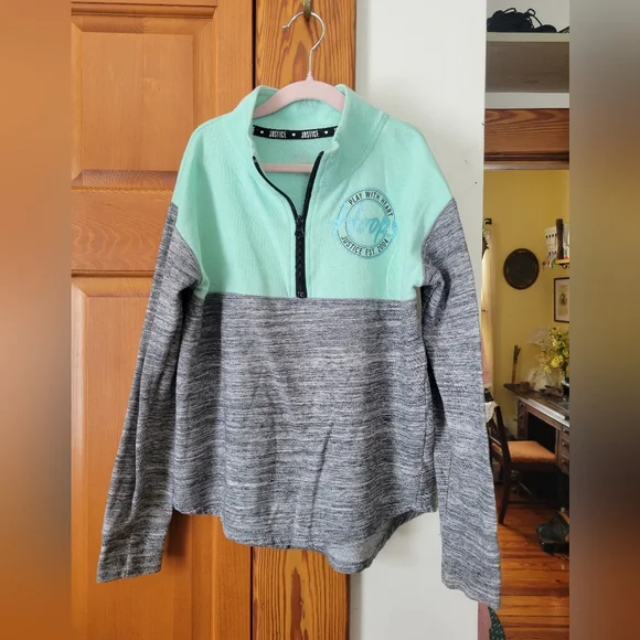 Justice Active Girls Mint Teal Gray Quarter-Zip Basketball Hoops Pullover Sweate