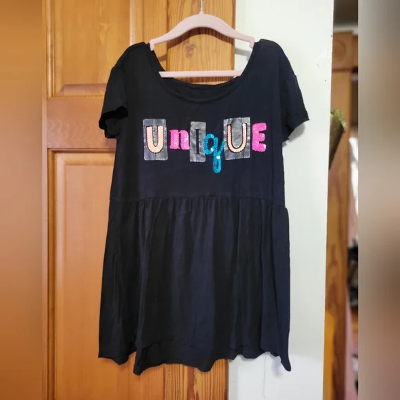 Justice Girls Black 'Unique' Short Sleeve Tunic Top with Colorful Sequin Letters