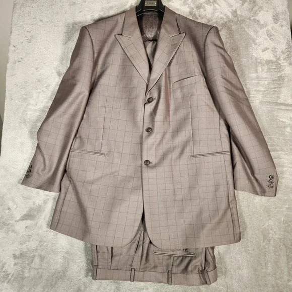 Phat Farm Premium Mens‎ 3 Piece Suit 52L Grey Plaid Polyester Rayon Business