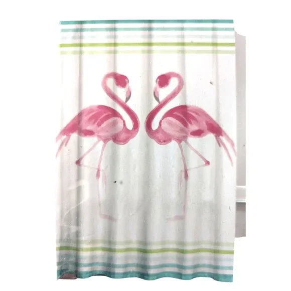 Caro Home Flamingo Shower Curtain 72-in Sq. Blue Green Stripes Cotton Bath NIP