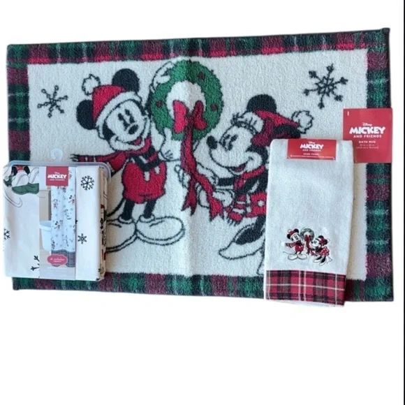 🆕 DISNEY Mickey and Minnie Shower Curtain Bath Rug  Hand Towel Bathroom Set
