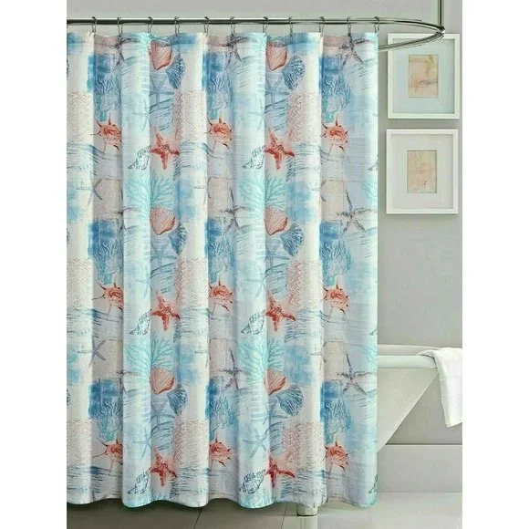 Coastal Shower Curtain Sea Life Coral Starfish Clams Polyester Blue Pink White