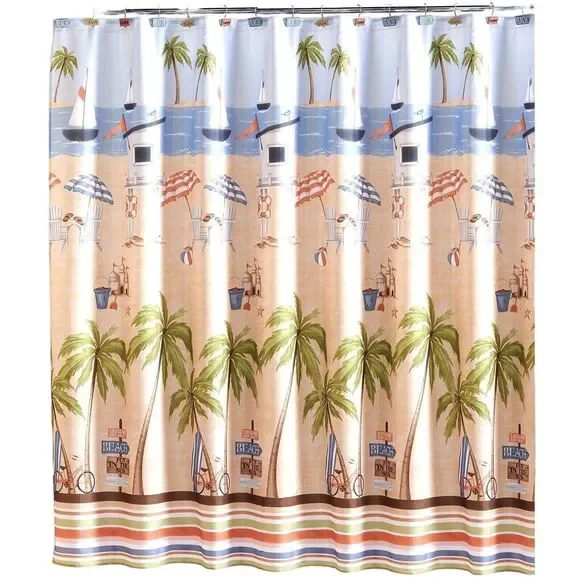 Catching Rays Beach Shower Curtain Tropical Ocean Sailboat Palm Trees Bath NEW