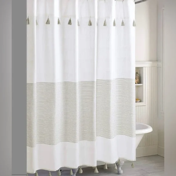 Peri Home Panama Stripe Taupe Tassel Shower Curtain Cotton 72x72”Boho Farmhouse