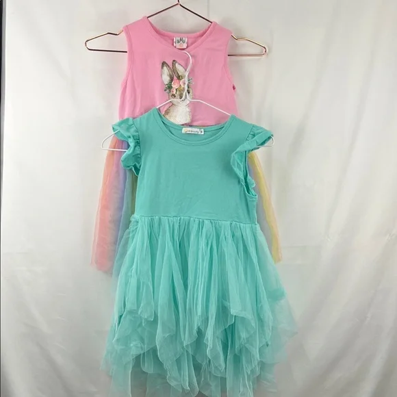 Girl’s Tutu Dress - 2 Pack - Pink Rainbow Bunny - Mint Green - Size 8