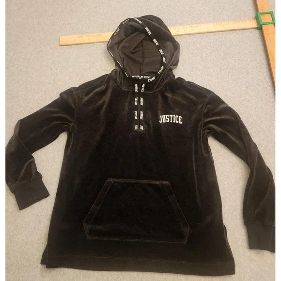 Justice‎ Hoodie Girls Size 10 Black Velour Pullover Kangaroo Pocket Logo Youth