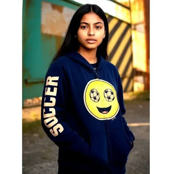 Justice Active Girls Black Soccer w/Large Soccer Emoji Zipper Hoodie - Size 8/10