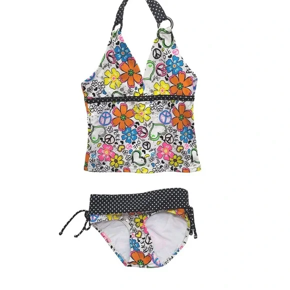 Justice‎ Girls White Black Orange Floral Peace & Love Two Piece Swimsuit 6 NWOT