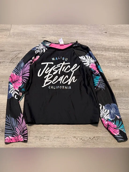 Justice Kids Black Rashguard with Pink & Teal Floral Sleeves