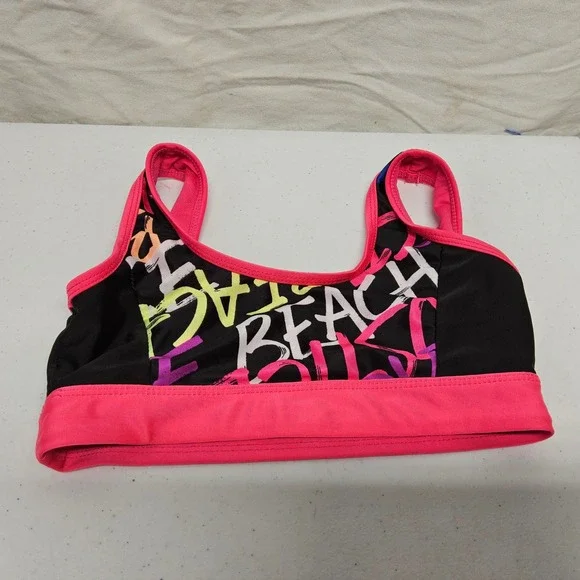 Justice Bikini Top Girls Size S 7/8 Black Pink Neon Graffiti Beach Sporty