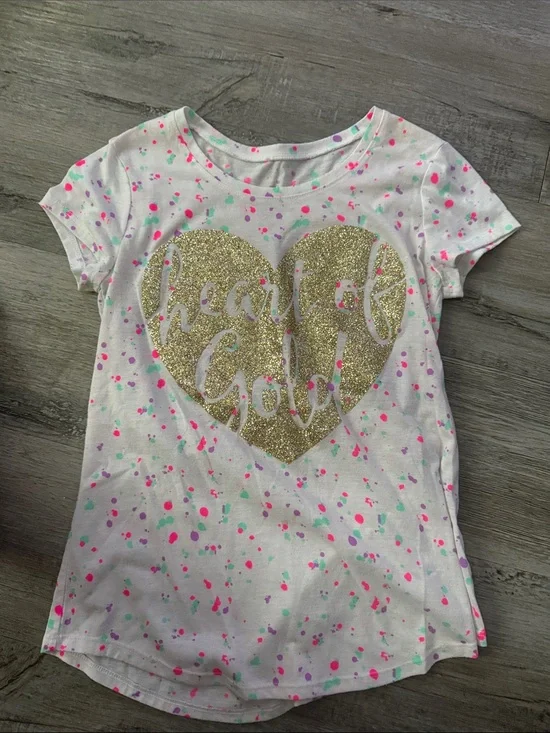 Justice White Tee with Gold Glitter Heart and Pink & Mint Splatter