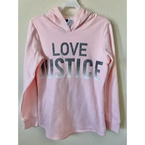 Justice Pink Gray Ombre Glitter Sparkle Love Logo Girls’ Pullover Hoodie Size 10