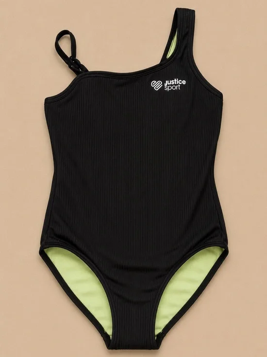 Justice Black One-Shoulder Girls' One-Piece Swimsuit with Lime-Green Lining