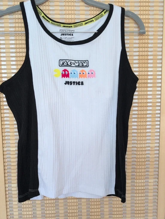 Justice White Ribbed Pac-Man Tank with Black Panels Built In Bra