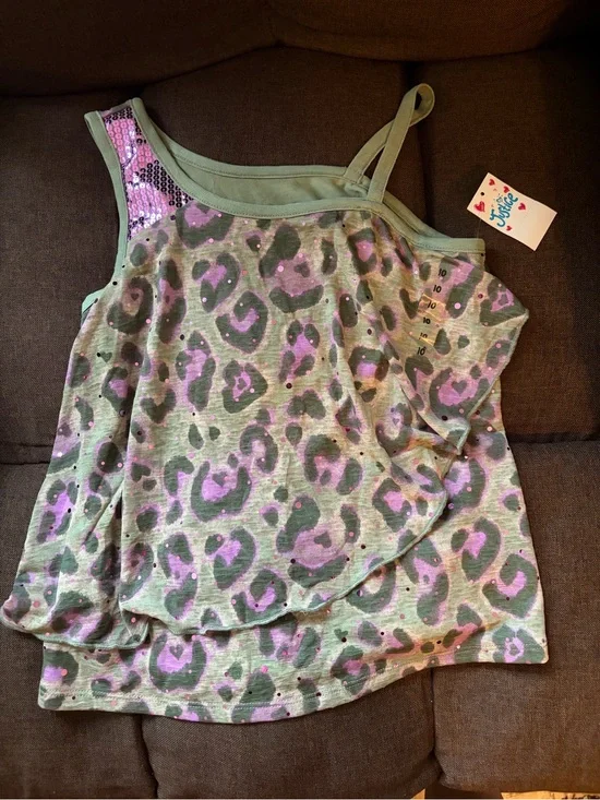 NWOT Justice Girls' Green & Purple Leopard Print Tank Top with Sequin Accent