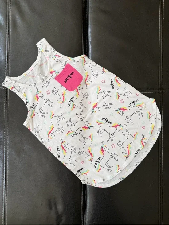 Justice - White Unicorn Tank with Pink “Unique” Pocket and Rainbow Accents