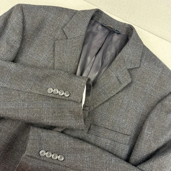 Joseph & Feiss Gold Mens 46R Blazer Jacket 100% Wool Gray Blue Plaid‎ 2-Button