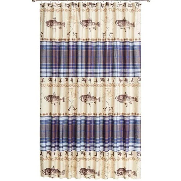 Fly Fishing Shower Curtain Rod Reel Lures Fish Lodge Blue Plaid Tan 72