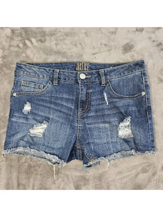 Justice Blue Denim Shorts Girls Size 16 Plus Sequin Pocket Ripped Fray Jean