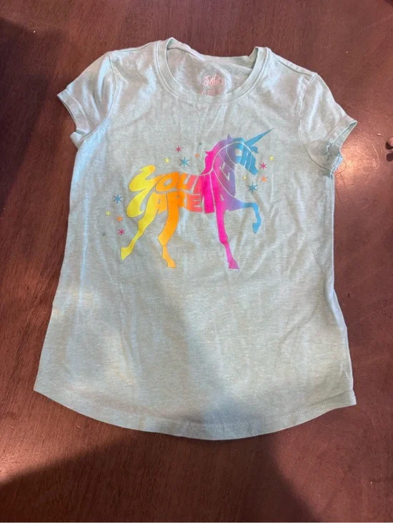 Justice Light Blue Tee with Rainbow Unicorn Graphic