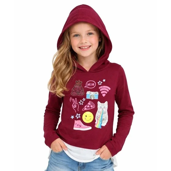 Justice Hoodie Kids Size 12 Burgundy Layered Graphic Cat Emoji Long Sleeve Top