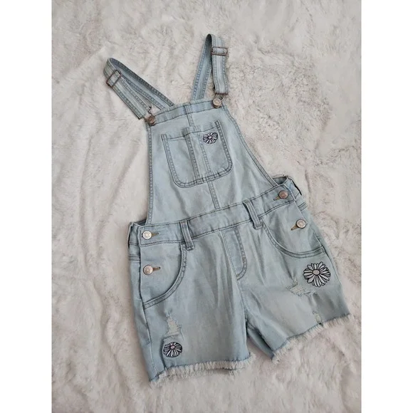 Justice Girls Size 12 Daisy Embroidered Denim Shortalls Light Wash Distressed