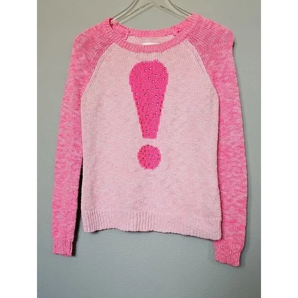 Justice Girls Pink Rhinestone Exclamation Point Raglan Knit Sweater Size 20