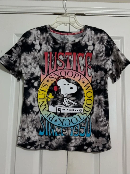 Justice Snoopy SZ 12/14 Black & White Tie-dye Short Sleeve Tee Cotton Peanuts