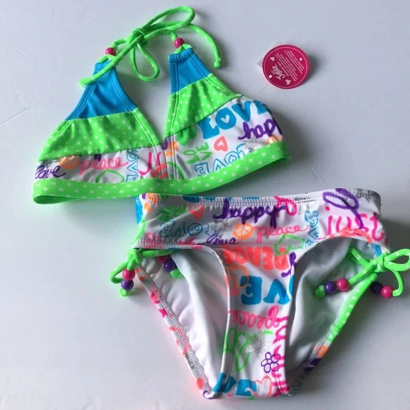 Justice Bikini with Peace Love Happy & Polka Dots Size 7