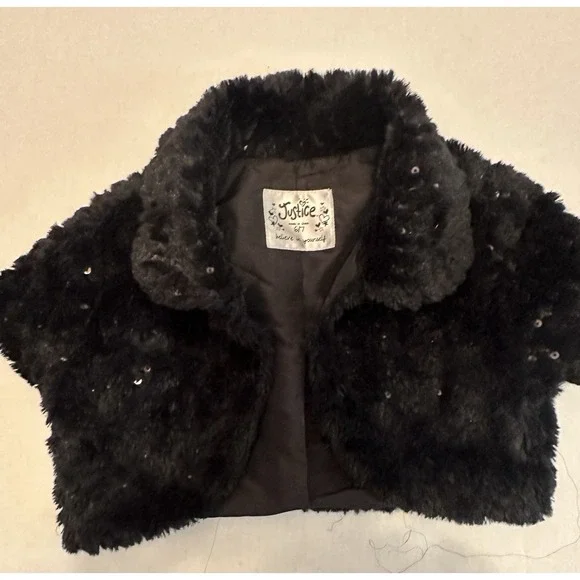 Justice Black Sequence Stole Girls Size 6-7 Dress Sweater Faux Fur Shall