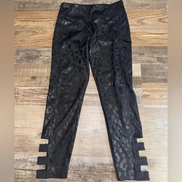 Justice Active Girls Leopard Print‎ Leggings 12 Black Strappy Ankle Athletic