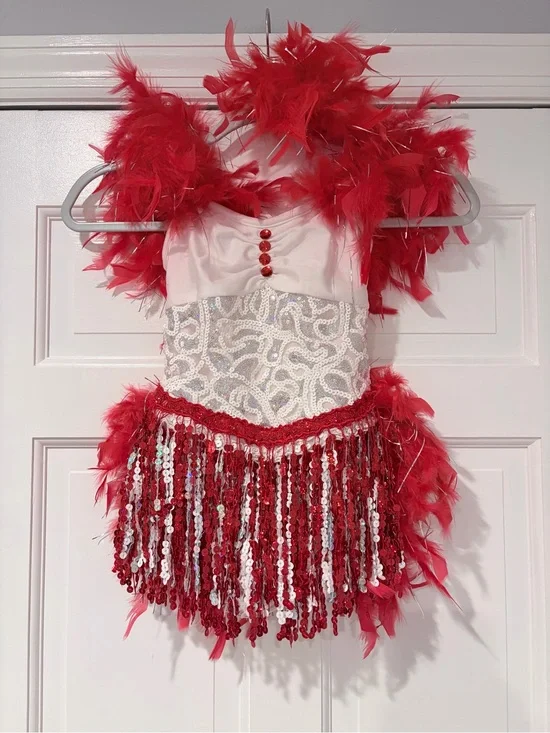 Red White Sequin Fringe Feather Dance Costume Child Small