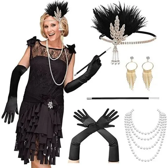 5PCS 1920s Accessories Flapper Great Gatsby Vintage Retro Costume Set NEW