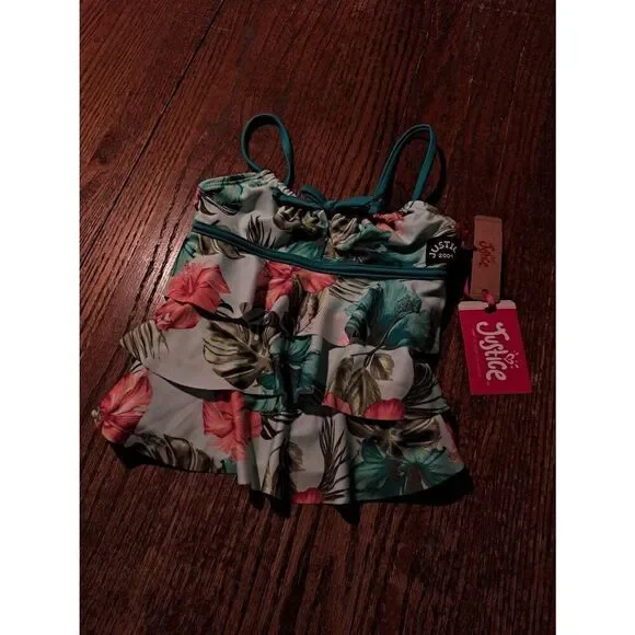 New Girls XS 5/6 Justice Retro Ruffle Tie Top Tankini Bikini Top Tropical Floral