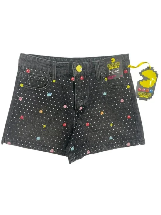 Justice Pac-Man Mini Mom Shorts Black Denim Rhinestone Stretchy Girls Sz 12 NWT