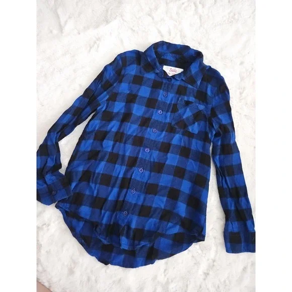 Justice‎ Girls Blue & Black Buffalo Plaid Flannel Button Down Shirt Size 14/16