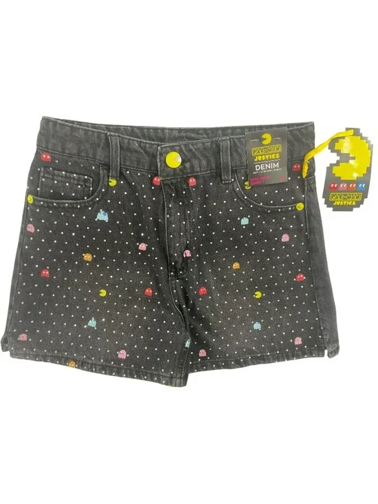 Justice Pac-Man Shorts Stretchy Denim Mini Mom Rhinestones Black Girls Sz 14 NWT
