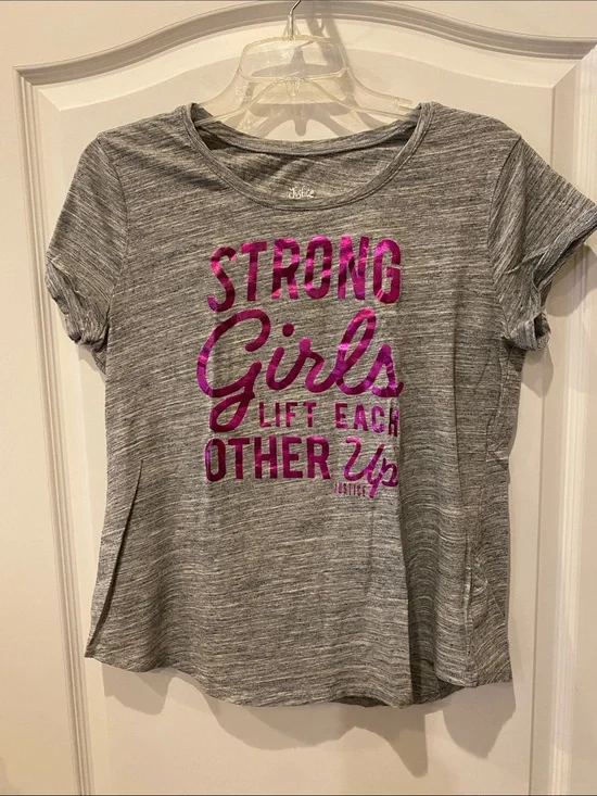 Justice Gray Tee with Pink Metallic 'Strong Girls' Slogan