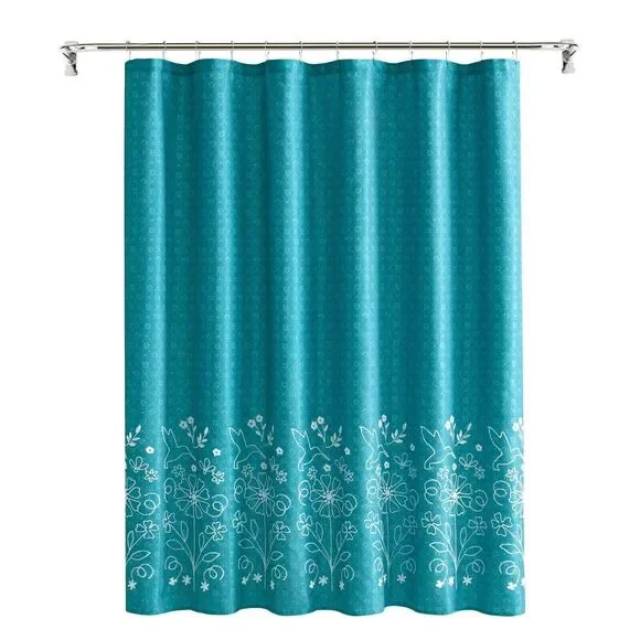 Pioneer Woman Mazie Shower Curtain Embroidered Floral White Teal Blue Bath Gift