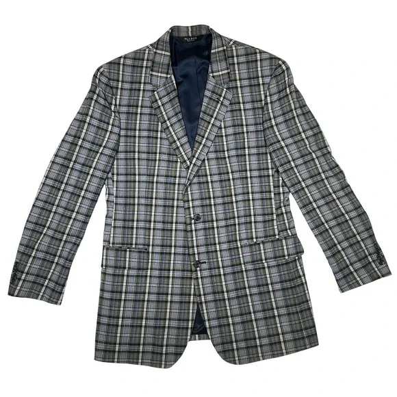 Jos A Bank 100% Cotton 2-Button Blazer Men 44L Grey Blue Plaid Sport Coat Jacket