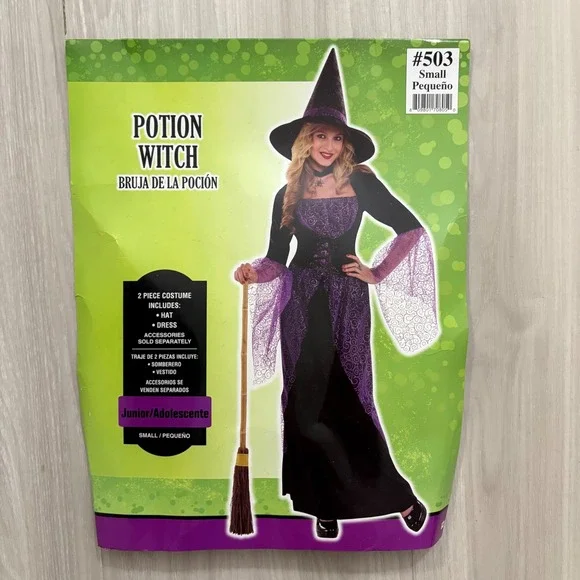 Potion Witch Girls Costume Halloween Black Purple Kids Junior Size Small Hat