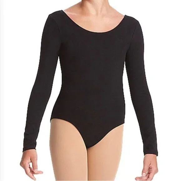 Danskin Childs Long Sleeve Leotard Black Scoop Neck Bodysuit Class Large